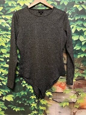 Who What Wear Shimmery Charcoal Crew Neck Bodysuit Sweater